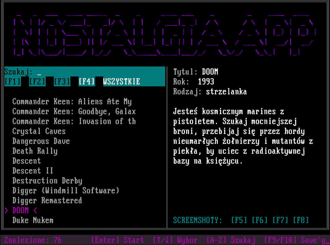 DOS-owa aplikacja Nostalgia do wyboru gier